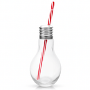 Clear glass light bulb-shaped bottle with a red and white striped straw on a white background