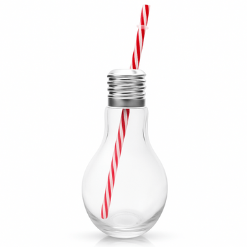 Clear glass light bulb-shaped bottle with a red and white striped straw on a white background