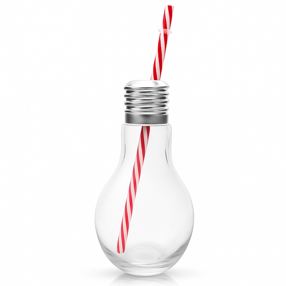 Clear glass light bulb-shaped bottle with a red and white striped straw on a white background