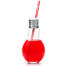 Light bulb-shaped bottle with red liquid and a red and white straw on a white background