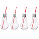 Four glass light bulb-shaped drink containers with straws on a white background