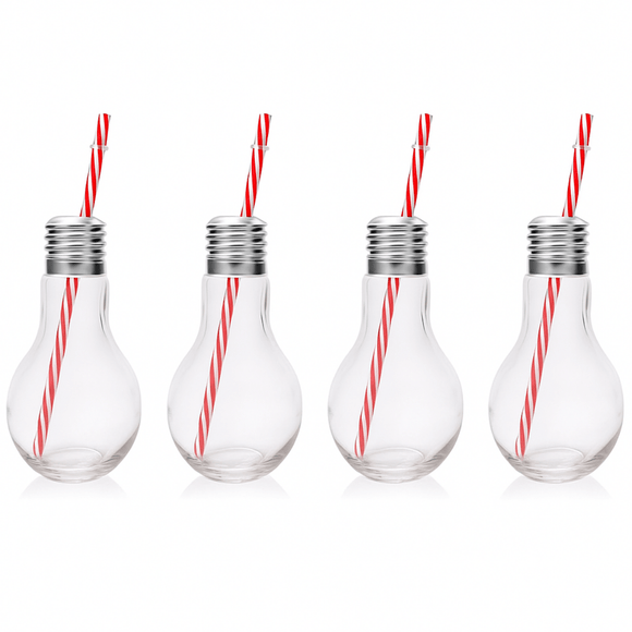 Four glass light bulb-shaped drink containers with straws on a white background