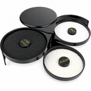 A black margarita glass salt rimmer with three compartments, shown open on a white background. Two compartments contain white salt and sugar crystals, and the third for lime juice