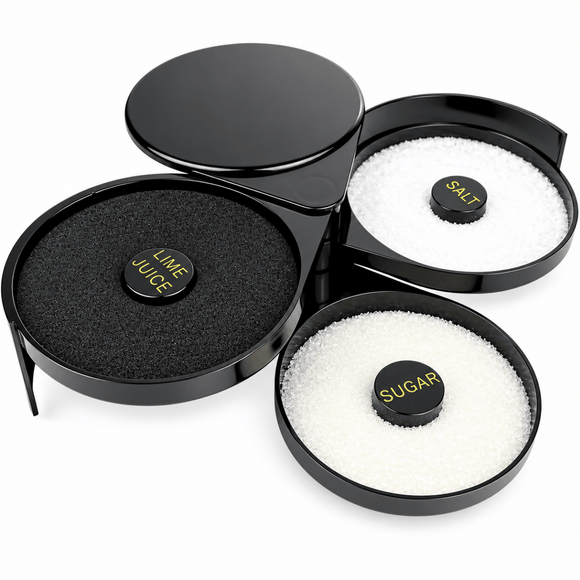 A black margarita glass salt rimmer with three compartments, shown open on a white background. Two compartments contain white salt and sugar crystals, and the third for lime juice