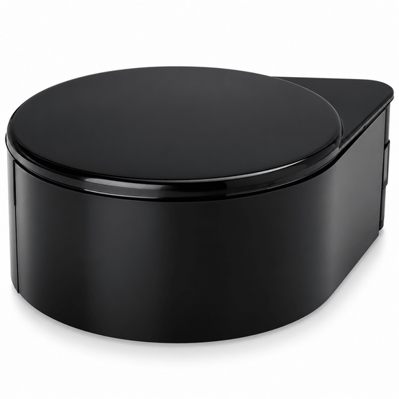 A glossy black plastic margarita glass salt rimmer 3 tier closed shown on a clean white background.