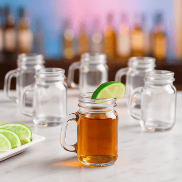 Glass mug with tea and lime slice on a table with blurred bottles in the background