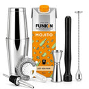 A cocktail mixing kit arranged on a white background, including a stainless steel shaker, carton of Funkin Mojito pre-batched cocktails, jigger, muddler, strainer, bar spoon, and a bottle stopper.