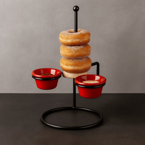 Donut stand with four donuts and two red cups on a gray background