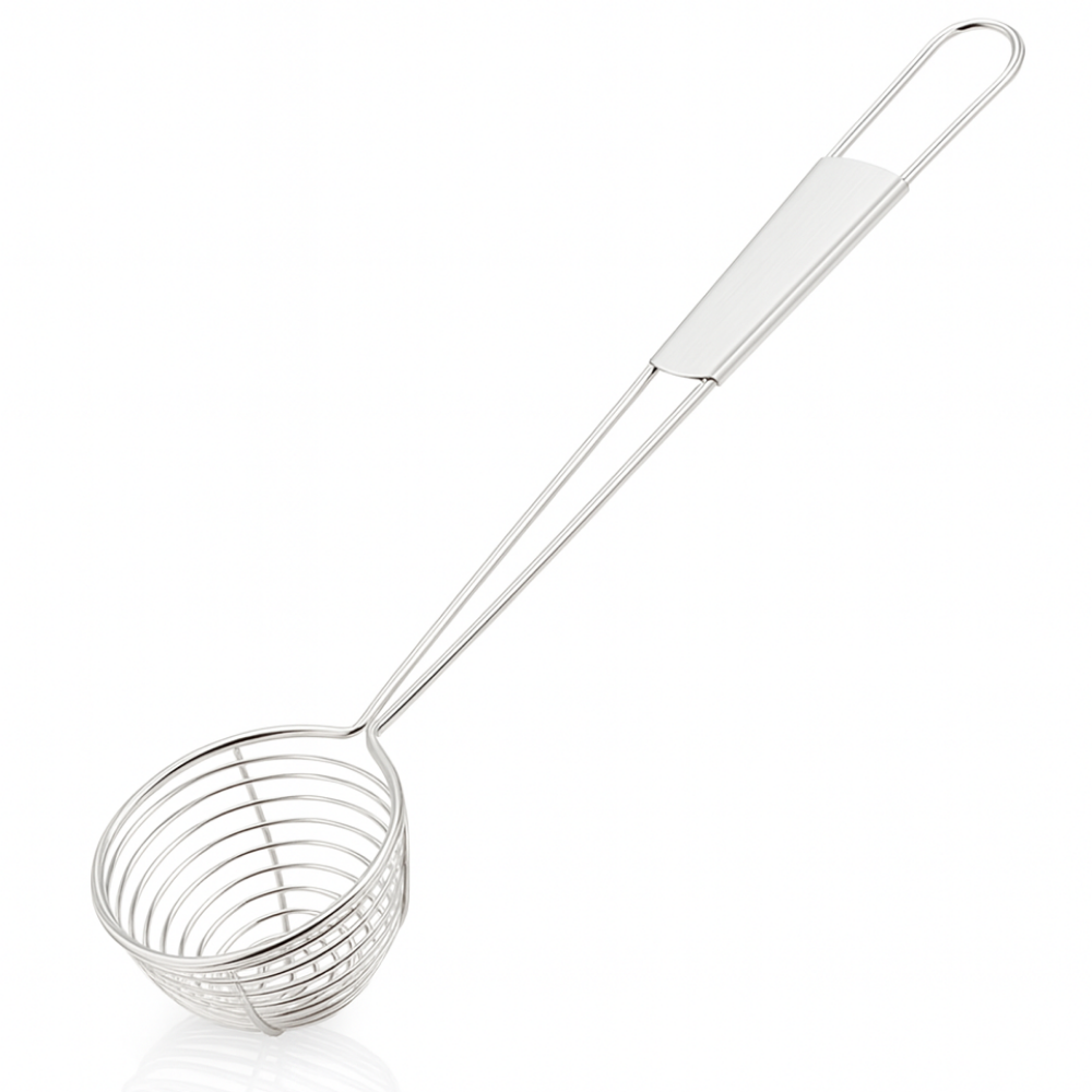 Metallic skimmer with handle on a white background