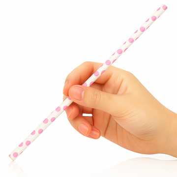 Hand holding a pink polka dot straw against a white background