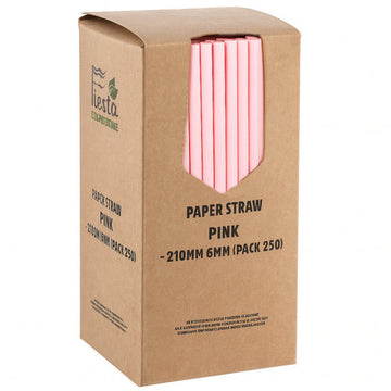 Box of pink paper straws with 'Fiesta' branding on a white background