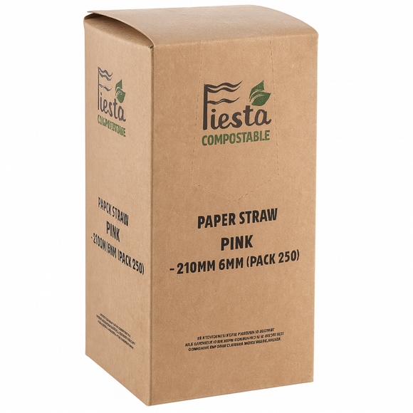 Brown cardboard box packaging for Fiesta Compostable pink paper straws on a white background