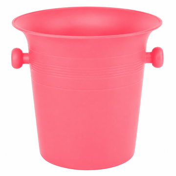 A bright pink plastic bucket with two small side handles, shown on a plain white background.