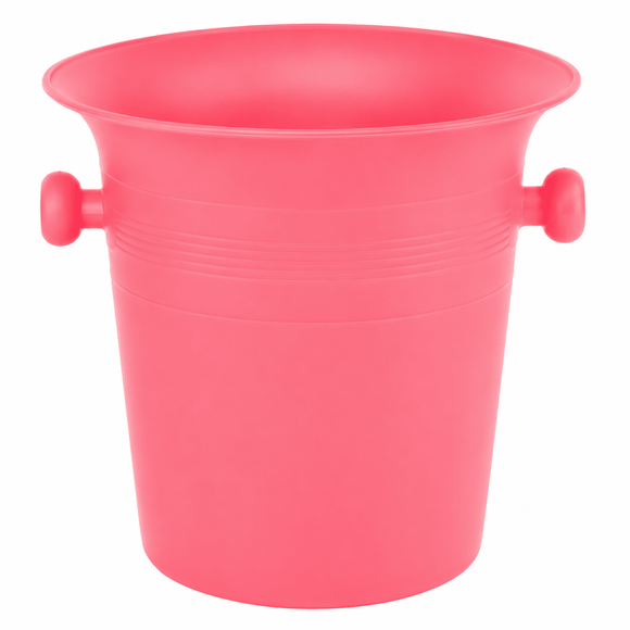A bright pink plastic bucket with two small side handles, shown on a plain white background.
