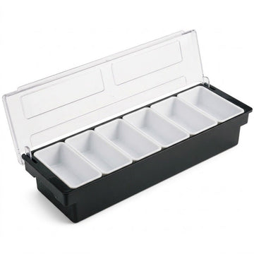 A plastic condiment dispenser 6 compartments organizer tray with six white rectangular compartments and a clear hinged lid, shown open on a white background.