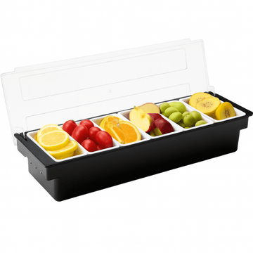 Plastic condiment dispenser 6 compartments with clear lid and trays for keeping cocktail garnishes organised - BarBits.co.uk