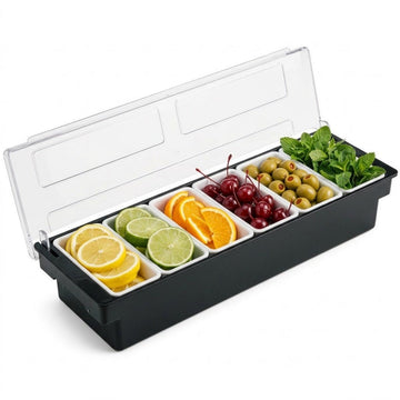 A black rectangular food storage container with a clear lid, shown open and filled with sliced lemons, limes, oranges, cherries, olives, and mint leaves on a white background.