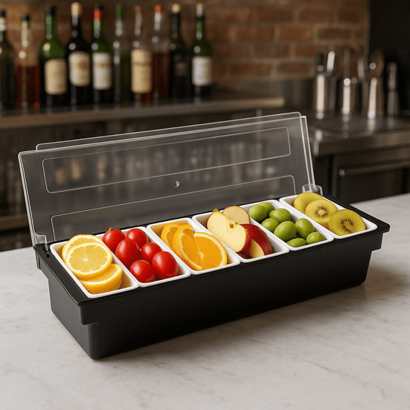 Plastic condiment dispenser 6 compartments with clear lid and trays for keeping cocktail garnishes organised - BarBits.co.uk