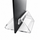 Clear acrylic triangular display stand holding a black vertical board, photographed on a white background.