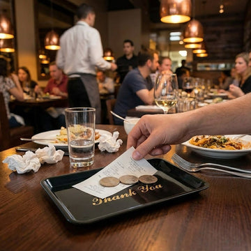 Person placing a tip on a tray with 'Thank You' at a restaurant table.