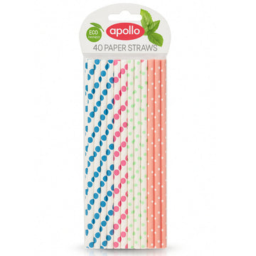 Pack of Apollo paper straws with various patterns on a white background