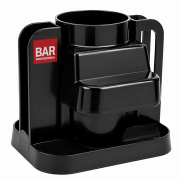 A glossy black plastic bar cart mug holder with a handle, designed to hold a mug, featuring a red and white 'BAR PROFESSIONAL' logo on the side, set against a plain white background.
