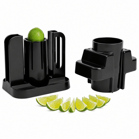 A black plastic citrus juicer set shown disassembled on a white background, with a whole lime inside one piece and several lime wedges arranged in front.