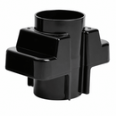 A glossy black plastic cross-shaped connector or adapter with a cylindrical opening at the top, shown on a plain white background.