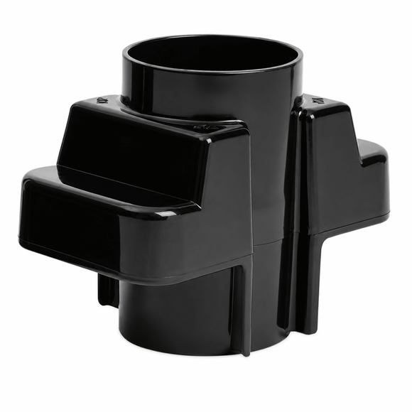 A glossy black plastic cross-shaped connector or adapter with a cylindrical opening at the top, shown on a plain white background.