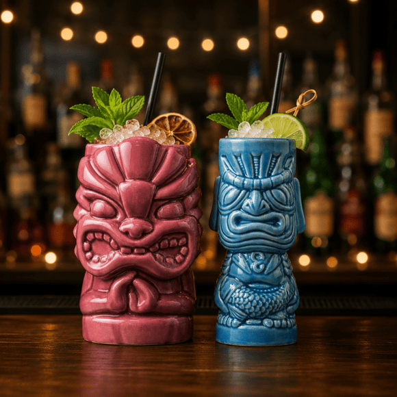 Two ceramic tiki mugs on a wooden bar counter, one in dusty pink and one in bright blue, both filled with iced cocktails, garnished with mint, lime, and dried orange slices, with a blurred bar background and warm string lights behind them.