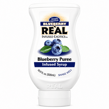 A squeeze bottle of Simply Squeezed Blueberry Real Infused Exotics Blueberry Puree Infused Syrup, 16.9 fl oz (500ml), on a white background.