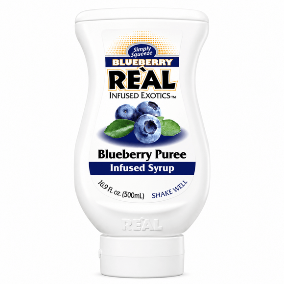 A squeeze bottle of Simply Squeezed Blueberry Real Infused Exotics Blueberry Puree Infused Syrup, 16.9 fl oz (500ml), on a white background.