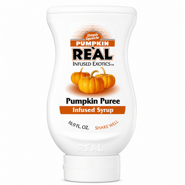 A squeeze bottle of Simply Squeezes Real Infused Exotics Pumpkin Puree Infused Syrup, 16.9 fl.
