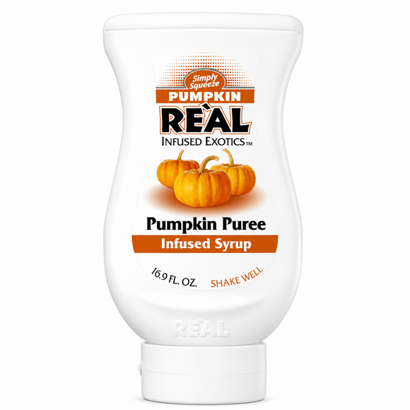 A squeeze bottle of Simply Squeezes Real Infused Exotics Pumpkin Puree Infused Syrup, 16.9 fl.