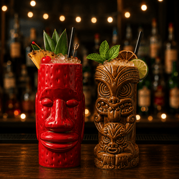 Two tropical tiki-style cocktails in sculpted glasses on a bar counter, with a blurred bar background and warm string lights. The left glass is bright red with a face motif, and the right glass is dark brown with a carved tiki face design.