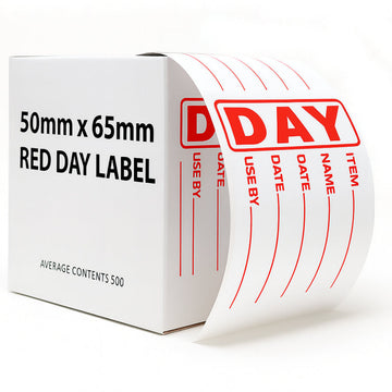 Roll of red 'DAY' labels with a box labeled '50mm x 65mm RED DAY LABEL'.