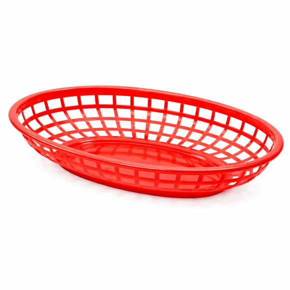Red plastic basket on a white background