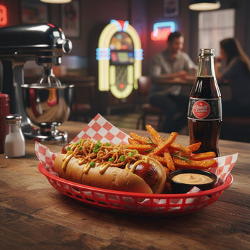 Hot dog with fries and a bottle of Coca-Cola on a wooden table in a bar setting.