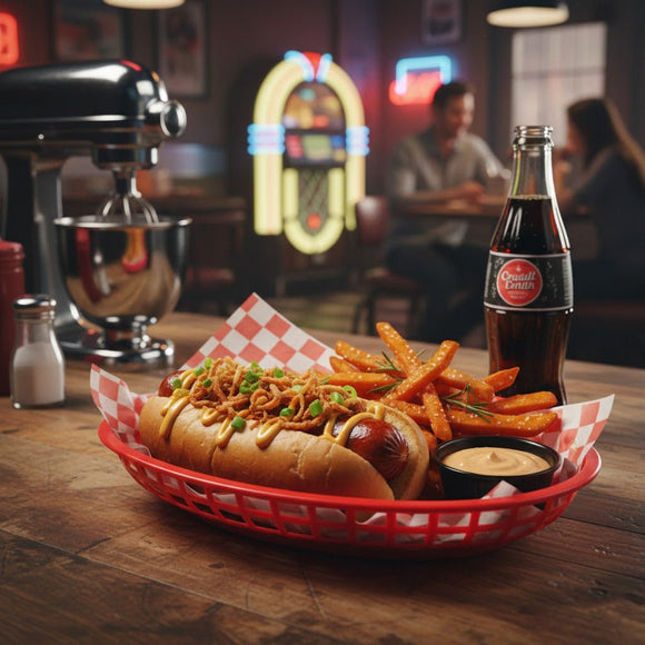 Hot dog with fries and a bottle of Coca-Cola on a wooden table in a bar setting.