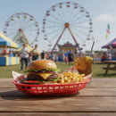Hamburger and fries on a red basket with a glass of iced tea, ferris wheel in the background
