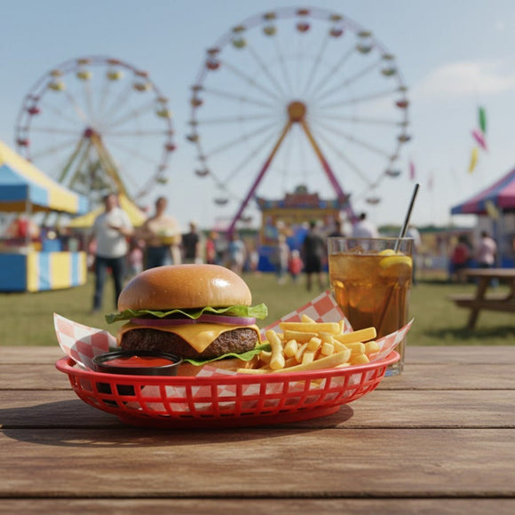 Hamburger and fries on a red basket with a glass of iced tea, ferris wheel in the background