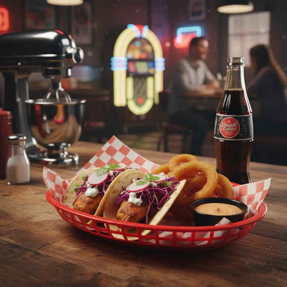 Bowl of tacos with onion rings and a bottle of Coca-Cola in a casual dining setting.