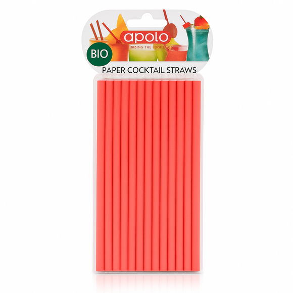 Pack of red paper cocktail straws with Apollo branding on a white background