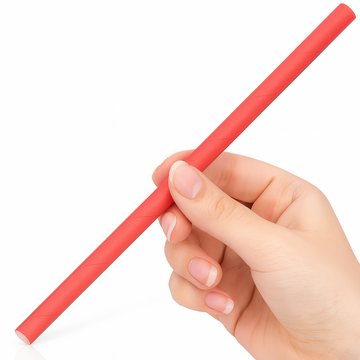 Hand holding a red straw against a white background