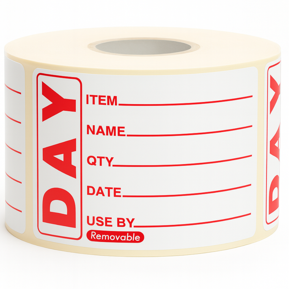 Roll of labels with red text on a white background