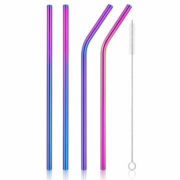 Reusable Iridescent Metal Straws & Brush - Pack of 4