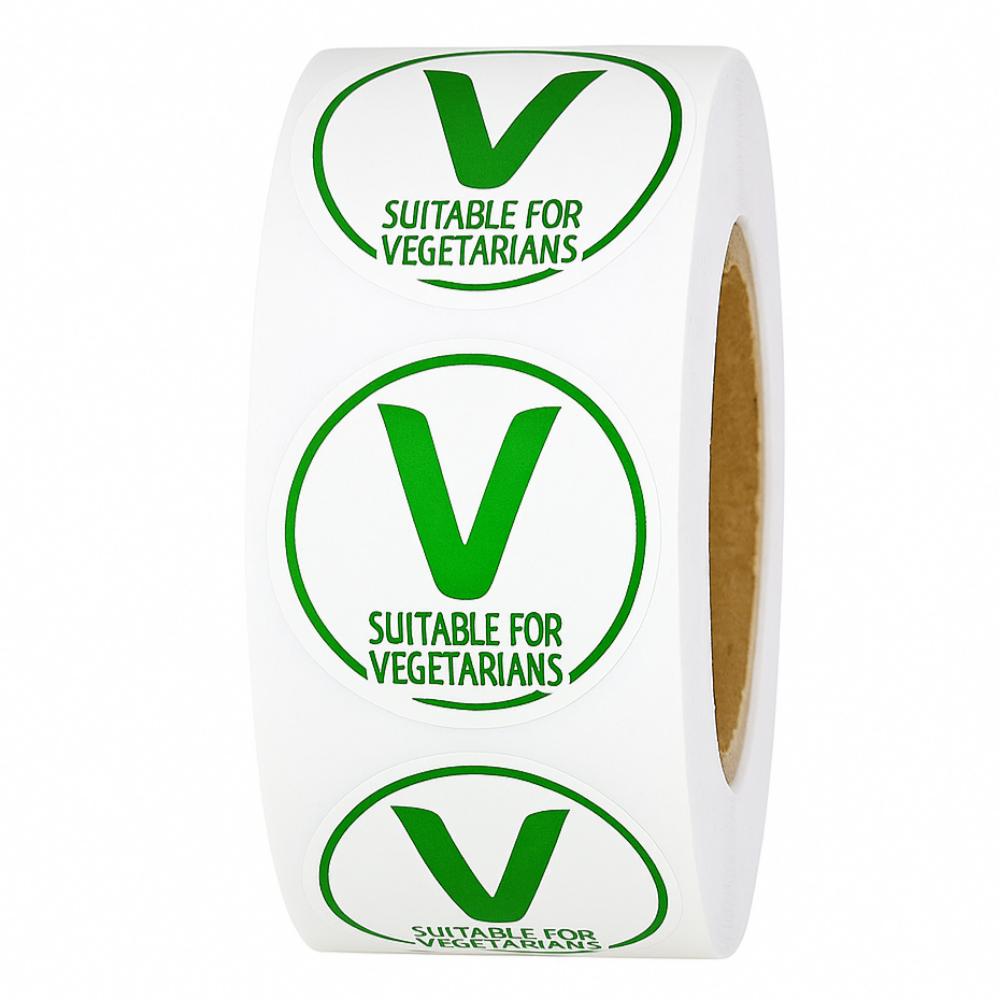Roll of green 'V' stickers suitable for vegetarians on a white background