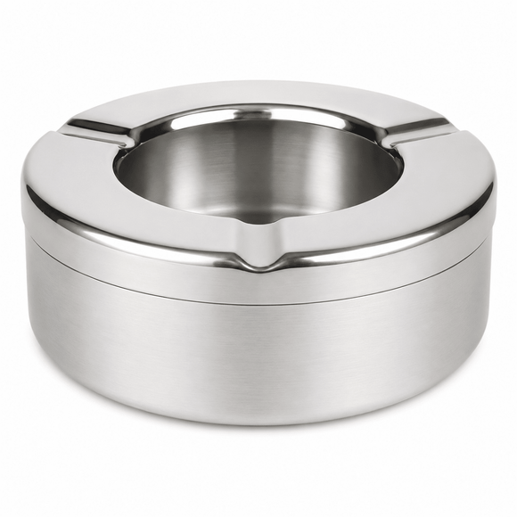 Silver metal ashtray on a white background