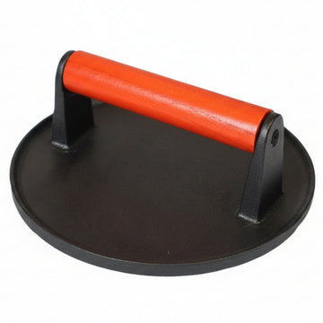 Round cast iron burger press with wooden handle and ridged base for burgers bacon and grilling - BarBits.co.uk