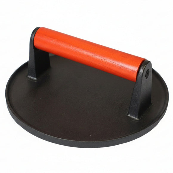 Round cast iron burger press with wooden handle and ridged base for burgers bacon and grilling - BarBits.co.uk